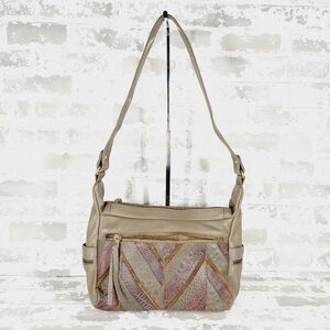 Great American Taupe Tan Purple Pattern Leather Works Shoulder Purse 0814